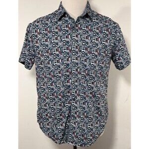Men’s Medium Robert Graham S/S Button Front Shirt Geometric Mosaic Blue White